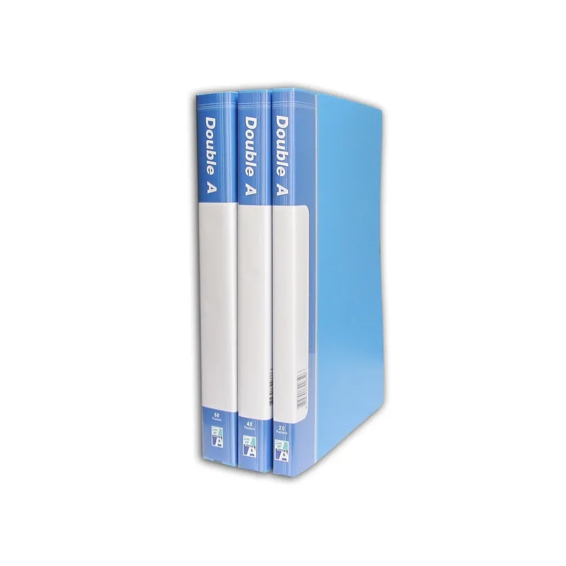 Ba cuốn bìa còng Double A nhiều kích cỡ bao gồm loại File 20 lá, 40 lá và 60 lá đứng cạnh nhau trên nền trắng.