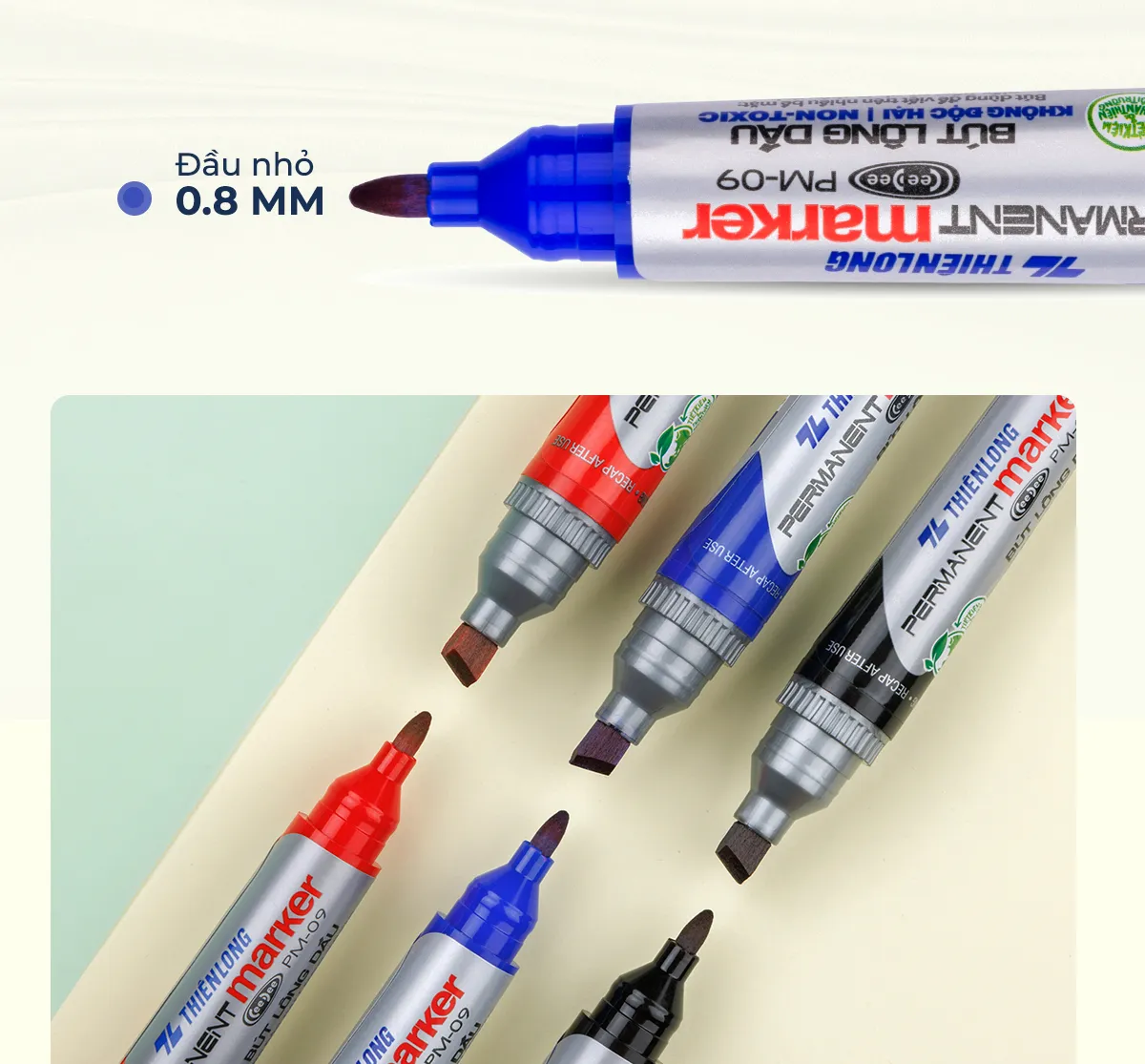 Bút lông dầu Thiên Long PM-09 với đầu nhỏ 0.8mm, đa dạng màu sắc nổi bật trên nền trắng.