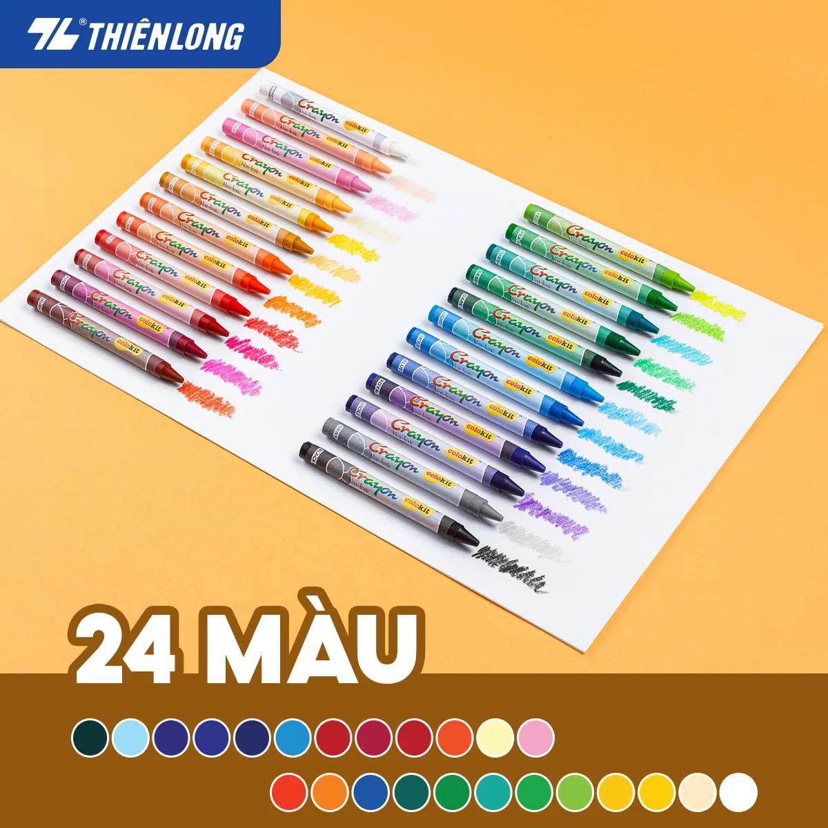 Bộ sáp 24 màu Colokit CR-C09 sắp xếp theo hàng trên giấy trắng với các nét tô màu tương ứng sinh động