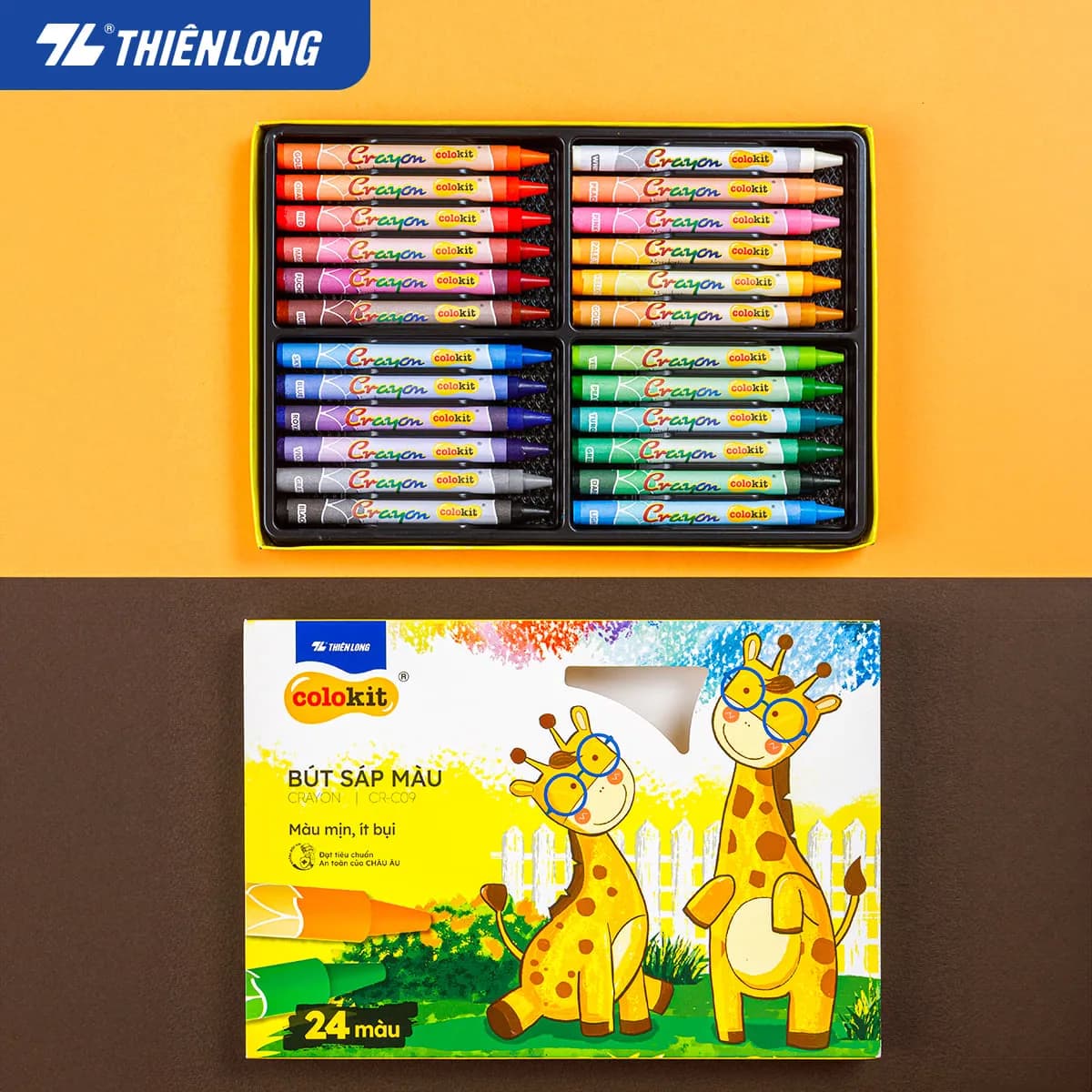 Hộp sáp 24 màu Colokit CR-C09 với các thỏi màu được sắp xếp ngăn nắp và bao bì vẽ hình hươu cao cổ xinh xắn.