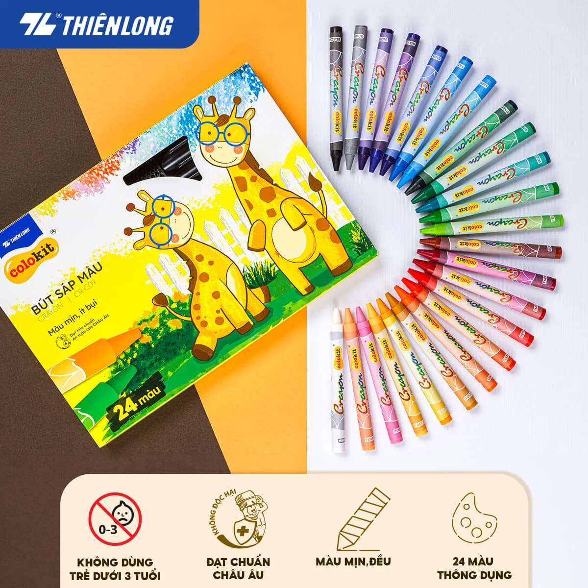 Hộp sáp 24 màu Colokit CR-C09 với thiết kế hình hươu cao cổ và bộ bút sáp màu được xếp hình quạt bắt mắt