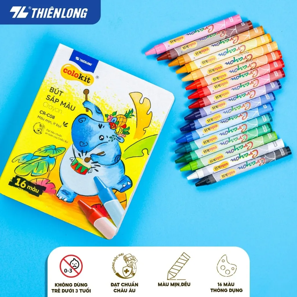 Bút sáp màu Colokit CR-C08 16 màu gồm hộp vẽ hình hà mã và các thỏi màu xếp chéo đẹp mắt trên nền xanh.