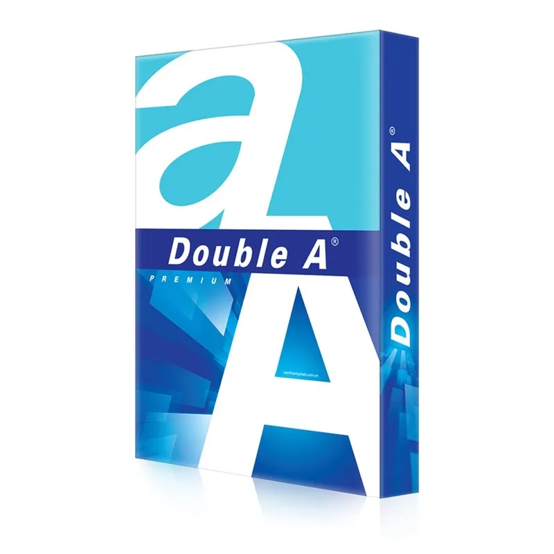 Hộp giấy Double A A4 70gsm với thiết kế bao bì màu xanh dương đặc trưng và logo thương hiệu nổi bật.