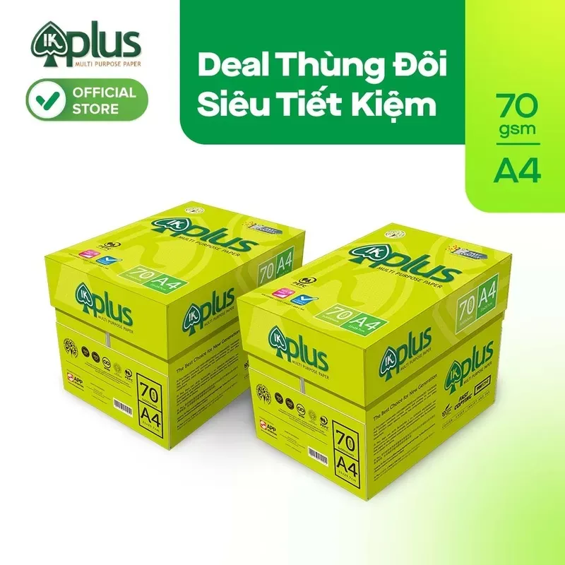 Hai thùng giấy Ik Plus 70gsm khổ A4 được ưu đãi trong chương trình deal thùng đôi siêu tiết kiệm