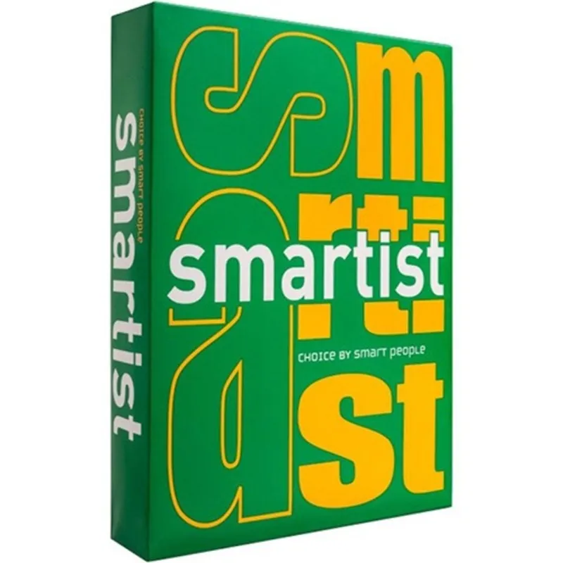 Giấy a4 smartist có bao bì màu xanh lá nổi bật với chữ màu vàng và trắng