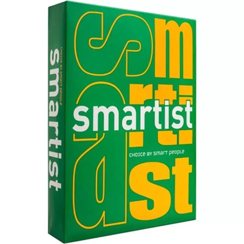 Giấy a4 smartist có bao bì màu xanh lá nổi bật cùng dòng chữ thương hiệu thiết kế cách điệu màu vàng trắng.