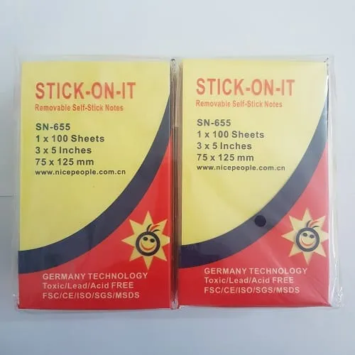 Hai xấp giấy note nice people Stick-on-it màu vàng đỏ, kích thước 75x125mm, thiết kế tiện lợi và an toàn.