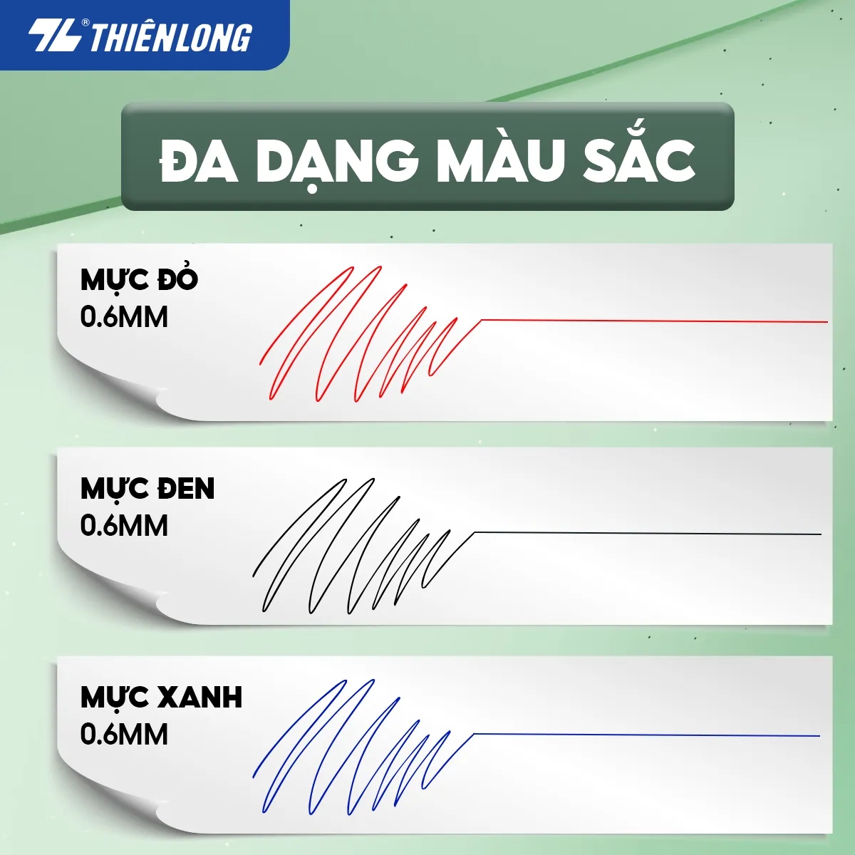 Các màu mực đỏ, đen, xanh của bút bi Thiên Long với nét viết 0.6mm được thể hiện rõ ràng trên nền giấy trắng.