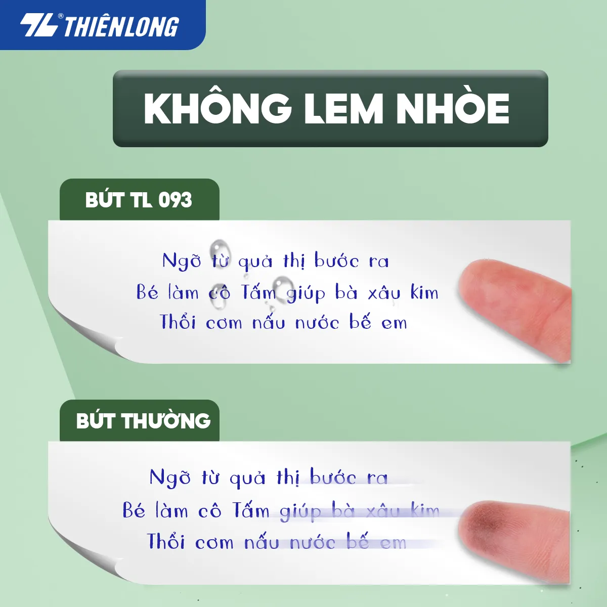 So sánh khả năng chống lem nhòe giữa bút bi Thiên Long TL-093 và bút thường khi tiếp xúc với nước