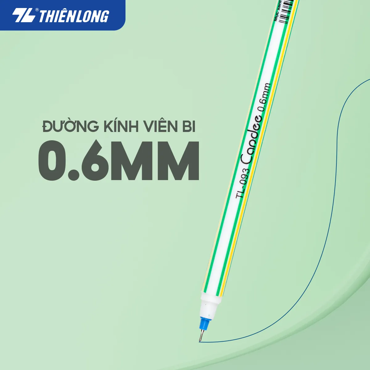 Bút bi Thiên Long TL-093 với đầu bi 0.6mm được đặt trên nền xanh lá nhạt kèm thông tin về kích thước ngòi.