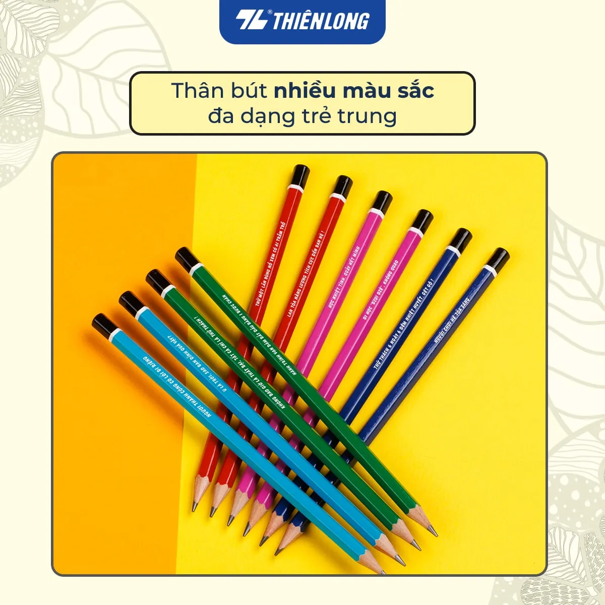 Các loại bút chì gỗ Thiên Long thân nhiều màu sắc rực rỡ với dòng chữ tạo động lực trên nền vàng nổi bật