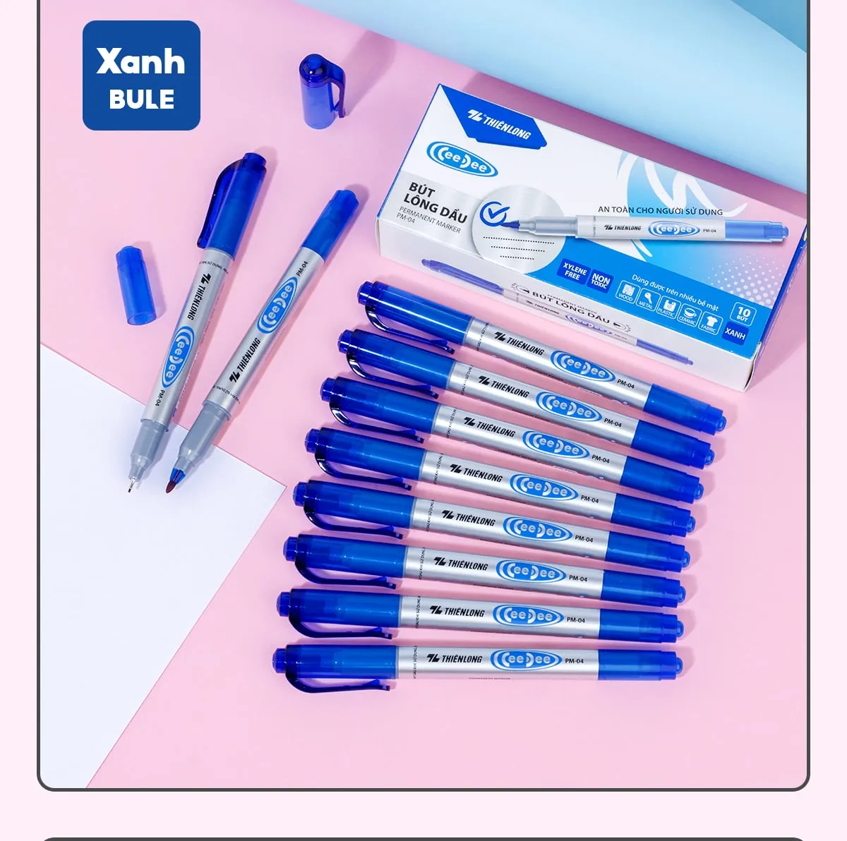 bút lông dầu thiên long PM-04 màu xanh mực vĩnh cửu, thiết kế hai đầu tiện lợi gồm hộp 10 cây và các sản phẩm lẻ.