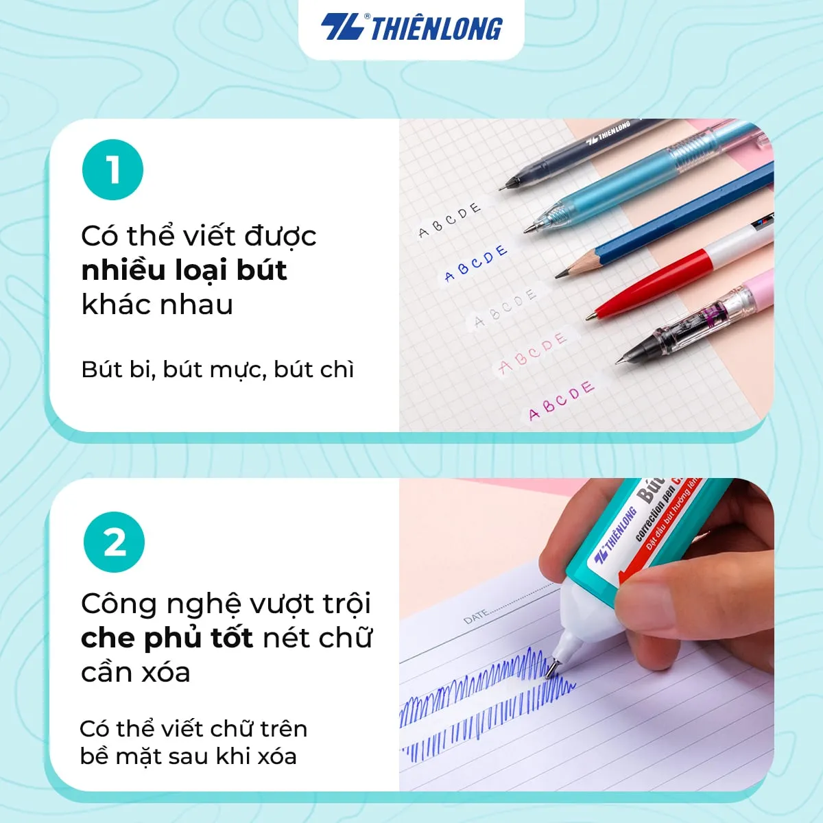 Các loại bút viết được trên bề mặt đã dùng bút xóa Thiên Long để che phủ vết mực cũ một cách hiệu quả.