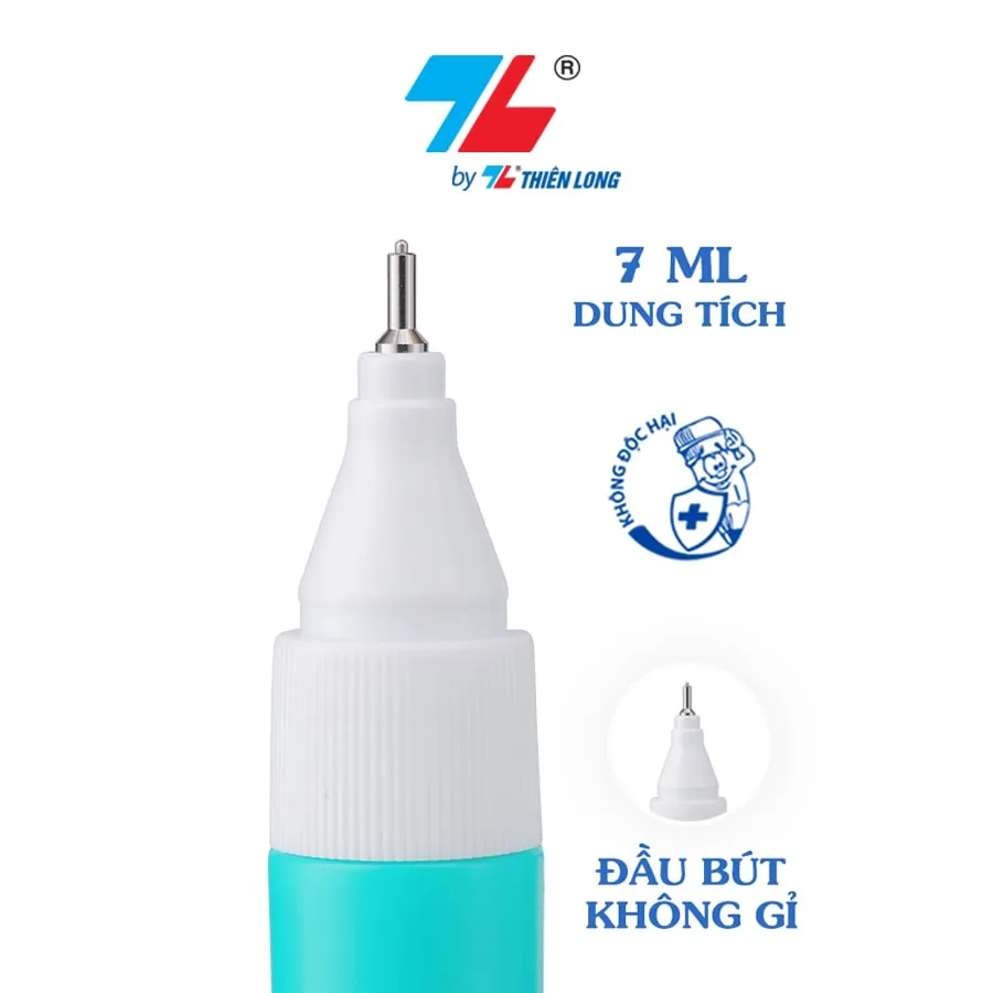 Cận cảnh đầu bút xóa Thiên Long với thiết kế không gỉ, dung tích 7ml và đạt chuẩn an toàn không độc hại