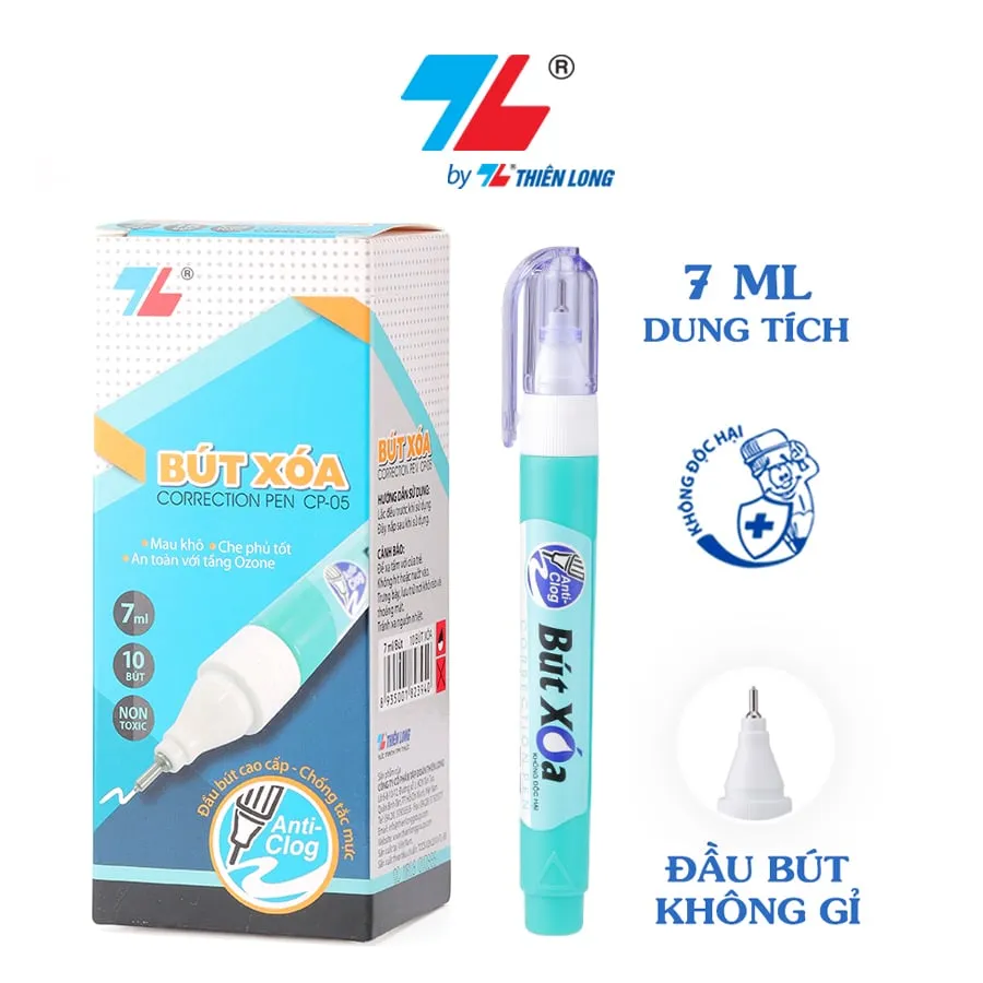 Bút xóa Thiên Long CP-05 màu xanh lá dung tích 7ml đi kèm vỏ hộp giấy và thông tin về đầu bút không gỉ.