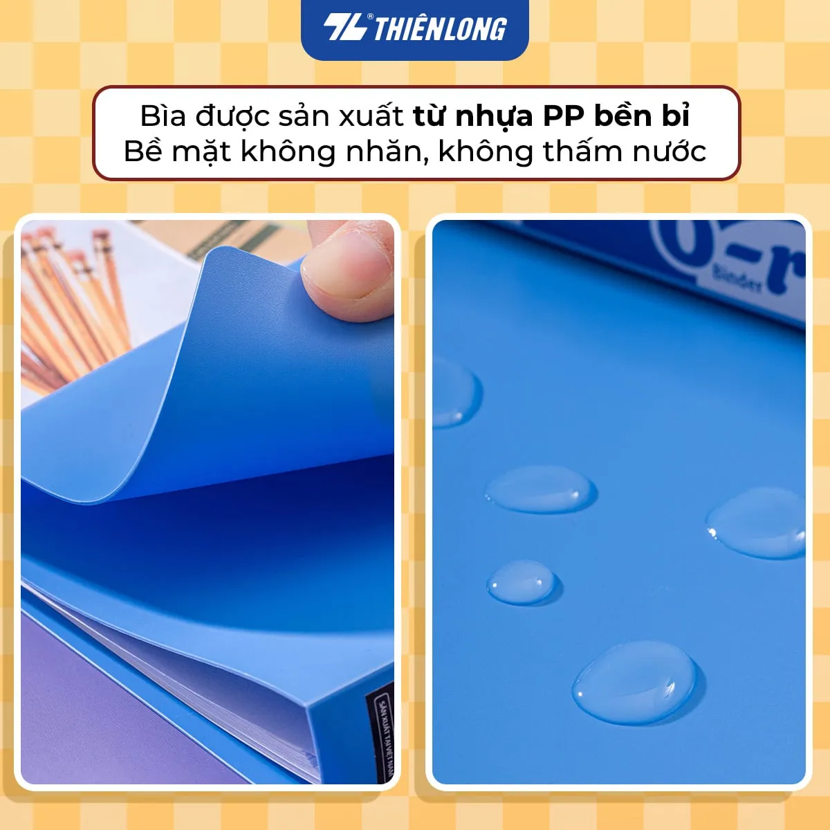 Bìa nhẫn Thiên Long làm từ nhựa PP bền bỉ, bề mặt nhẵn mịn và không thấm nước.