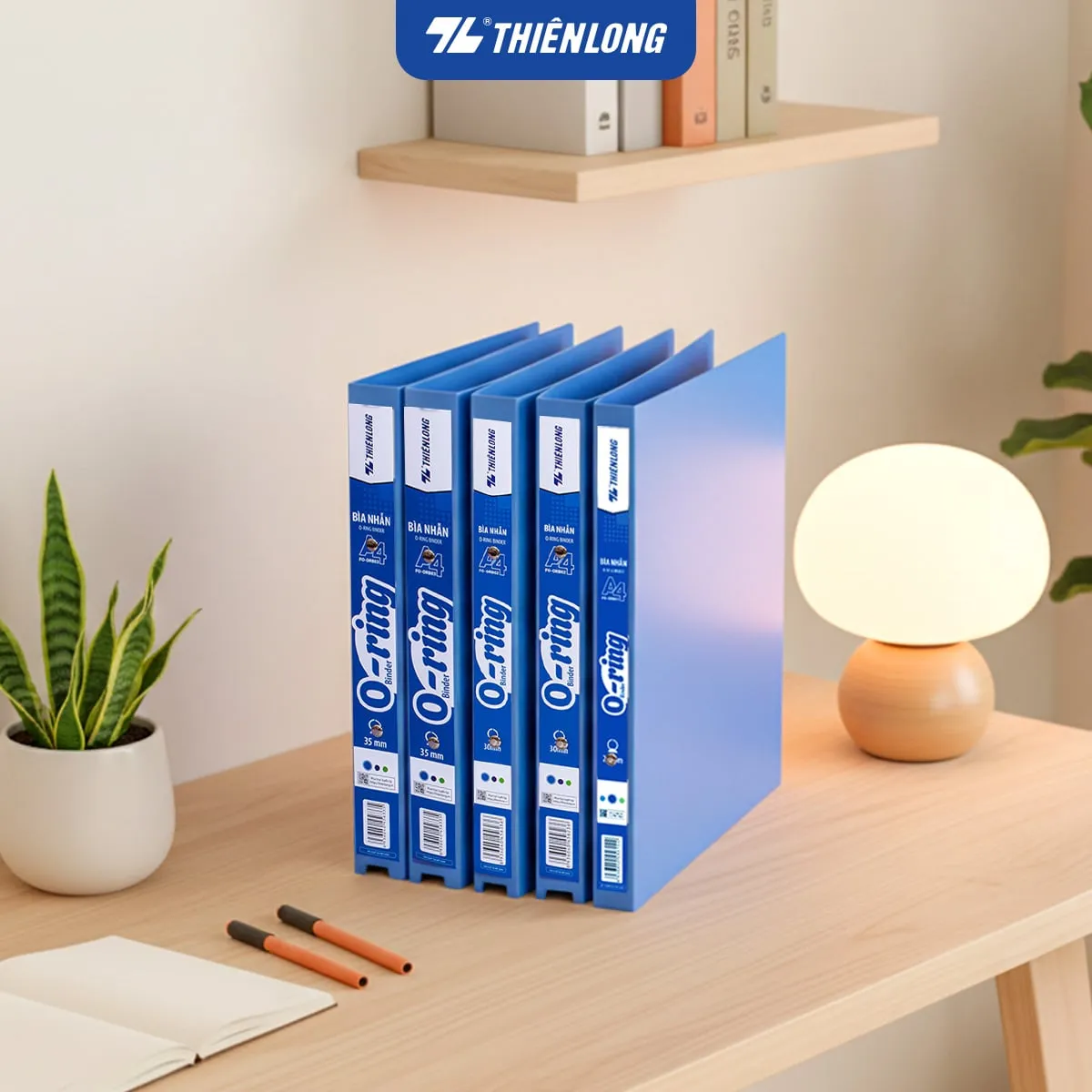 Các bìa nhẫn thiên long màu xanh dương cỡ A4 được xếp ngay ngắn trên bàn học.