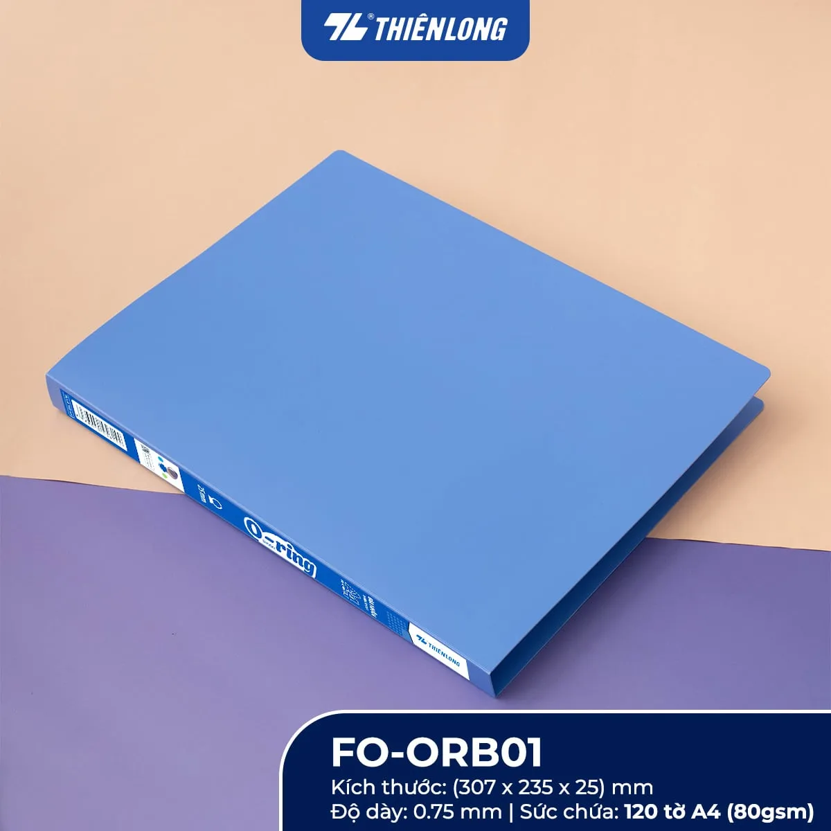 Bìa nhẫn thiên long FO-ORB01 màu xanh dương khổ A4 cứng cáp, bền đẹp dùng để lưu trữ tài liệu văn phòng.