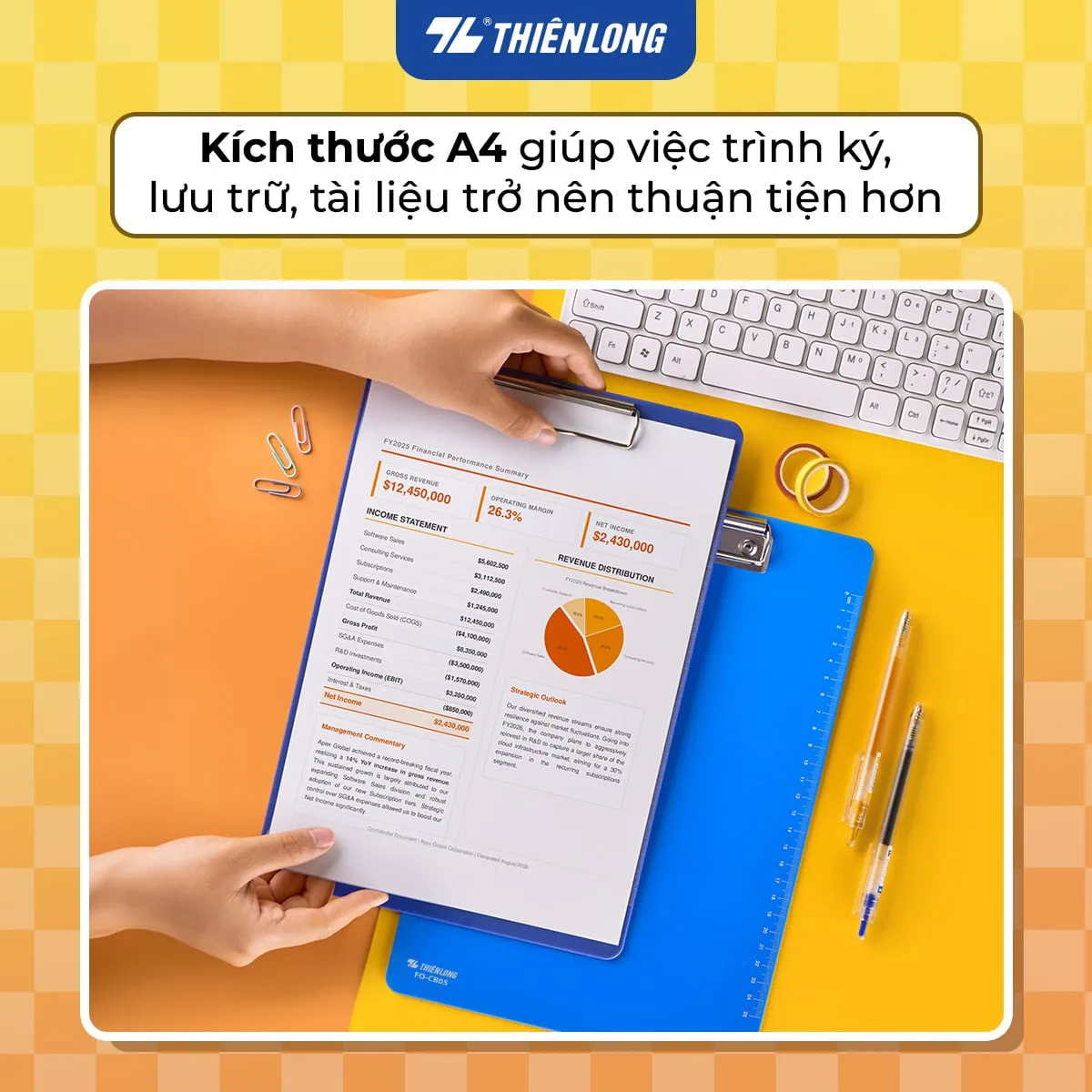Bìa trình ký đơn Flexoffice khổ A4 hỗ trợ kẹp tài liệu tiện lợi trên bàn làm việc.