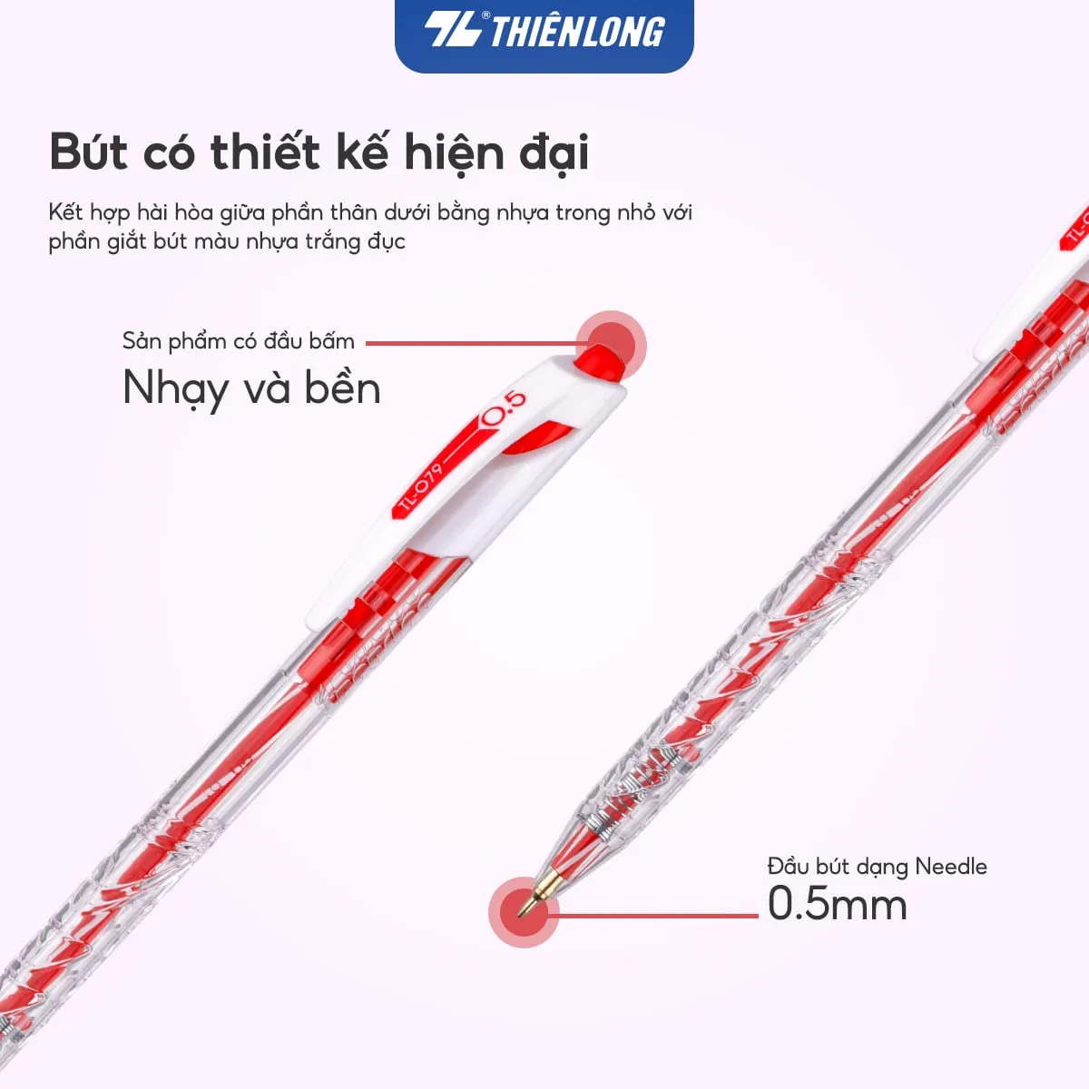 Bút bi Thiên Long TL-079 0.5mm có thiết kế hiện đại với đầu bấm nhạy và đầu bút dạng Needle 0.5mm chính xác