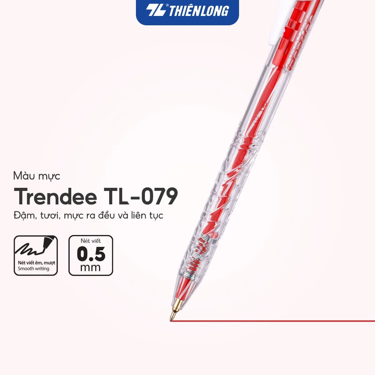 Bút bi Thiên Long TL-079 mực đỏ ngòi 0.5mm với thiết kế thân trong suốt hiện đại và nét viết mượt mà.