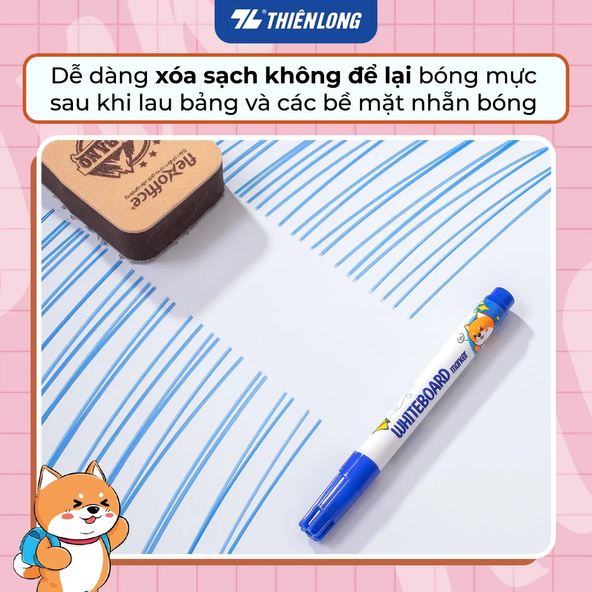 Bút lông bảng Thiên Long xóa sạch mực dễ dàng trên bề mặt bảng trắng mà không để lại vết.