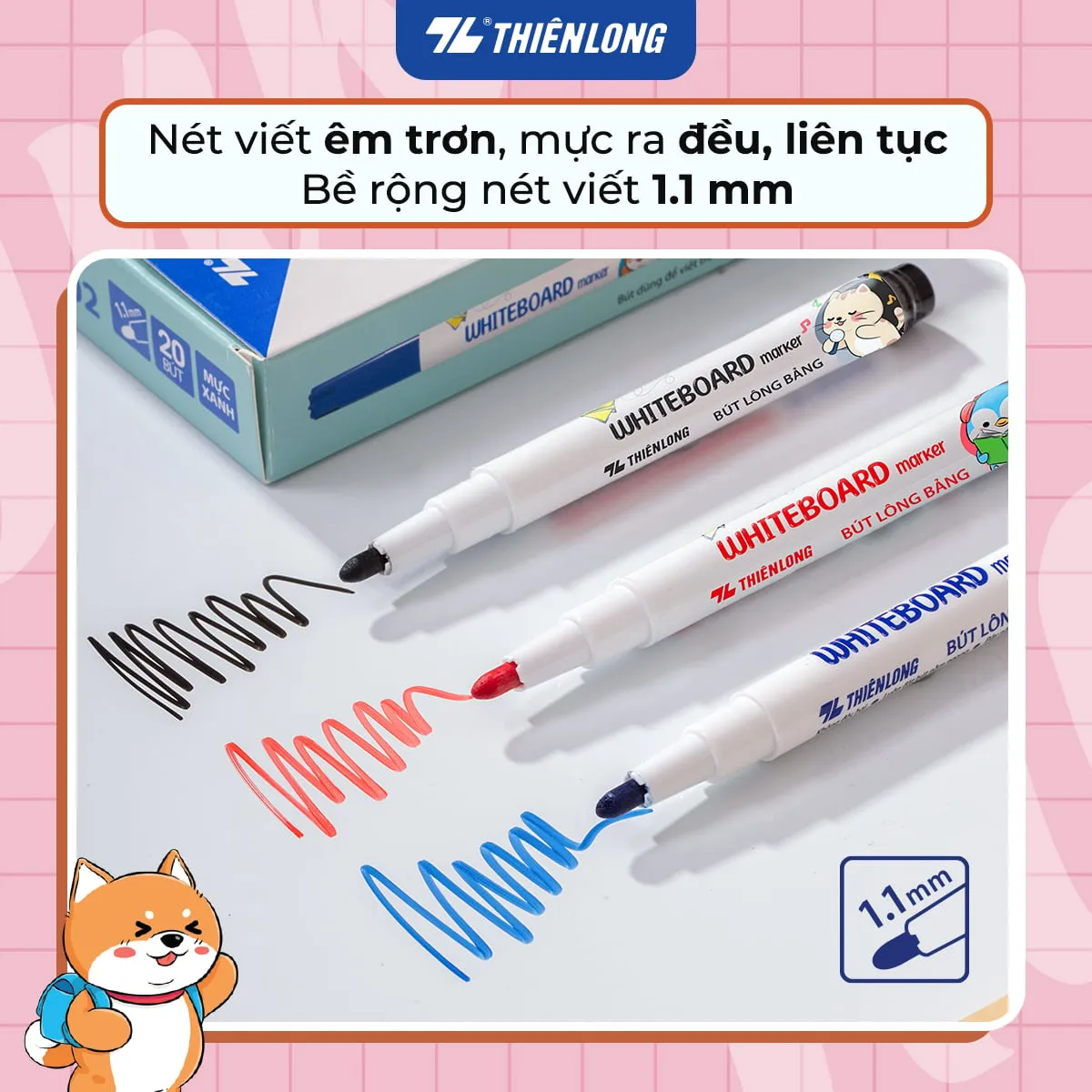 Bộ ba bút lông bảng Thiên Long với ba màu mực đen, đỏ, xanh cùng nét viết 1.1mm êm trơn và đều mực