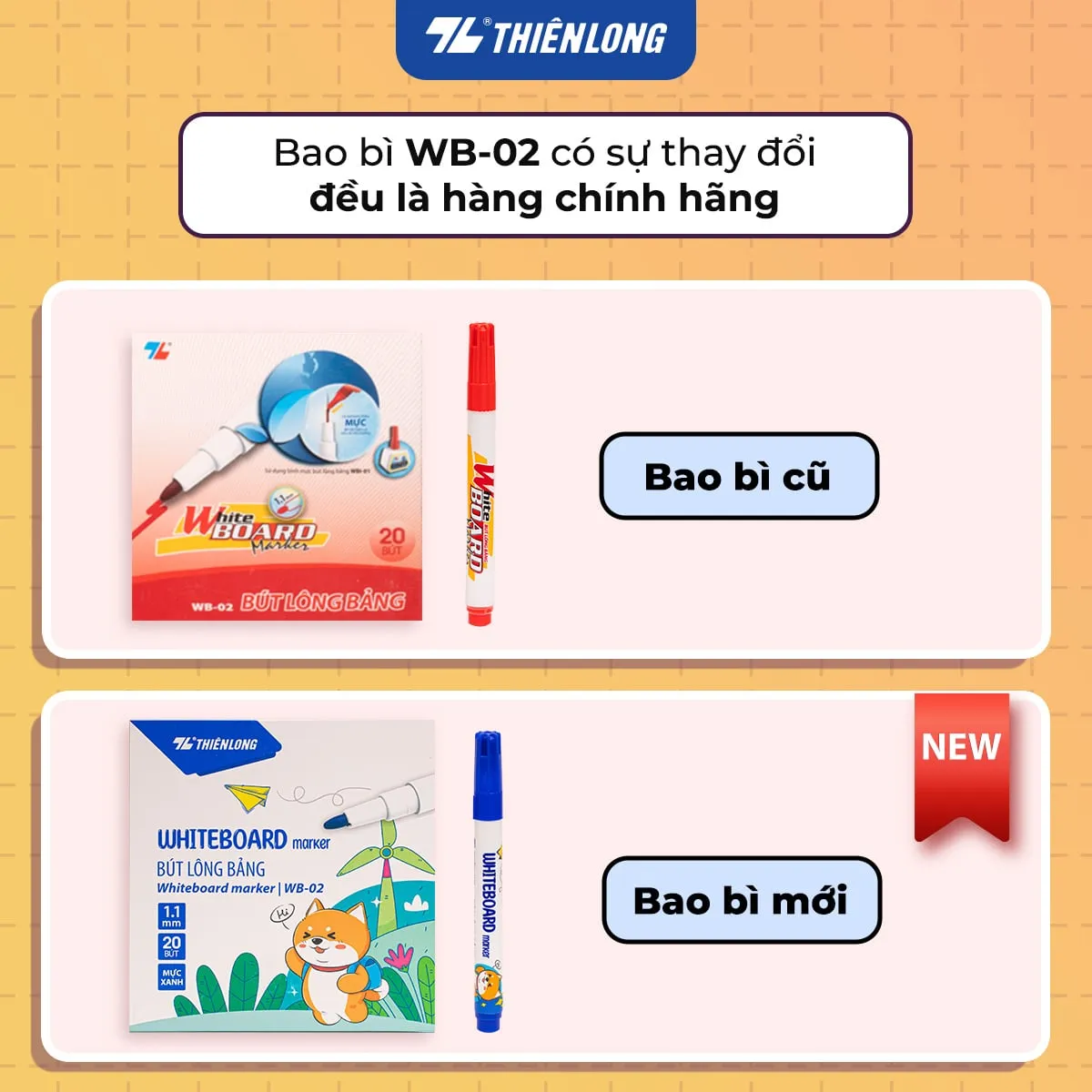 So sánh bao bì cũ và mới của bút lông bảng Thiên Long WB-02 chính hãng, nét 1.1mm