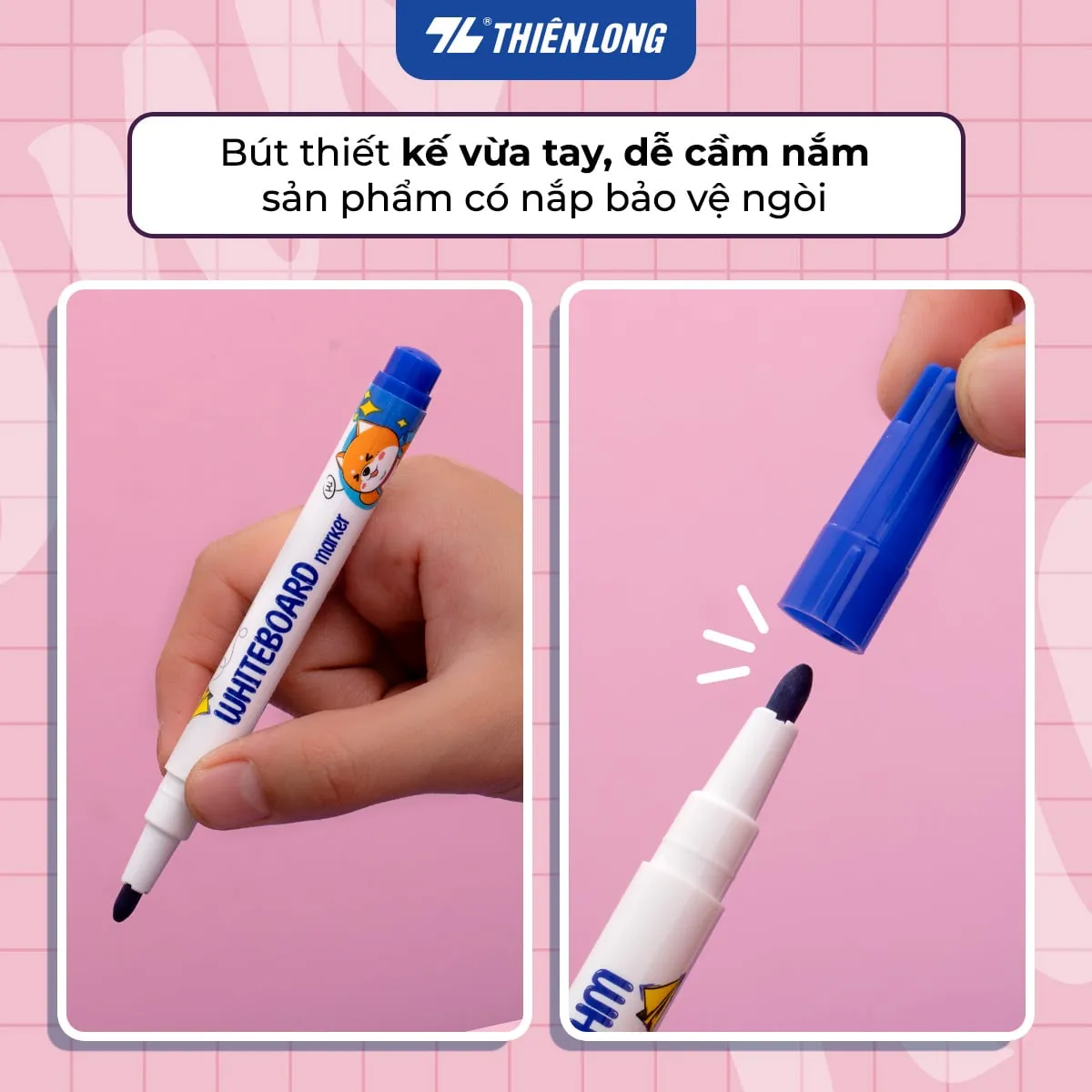 Bút lông bảng Thiên Long thiết kế vừa tay với nắp bảo vệ ngòi tiện lợi, dễ dàng sử dụng cho học sinh.