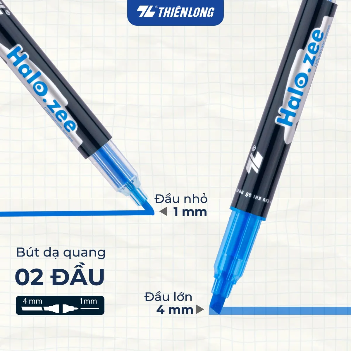 Bút dạ quang Thiên Long Halo.zee 2 đầu với nét nhỏ 1mm và nét lớn 4mm giúp làm nổi bật nội dung hiệu quả.