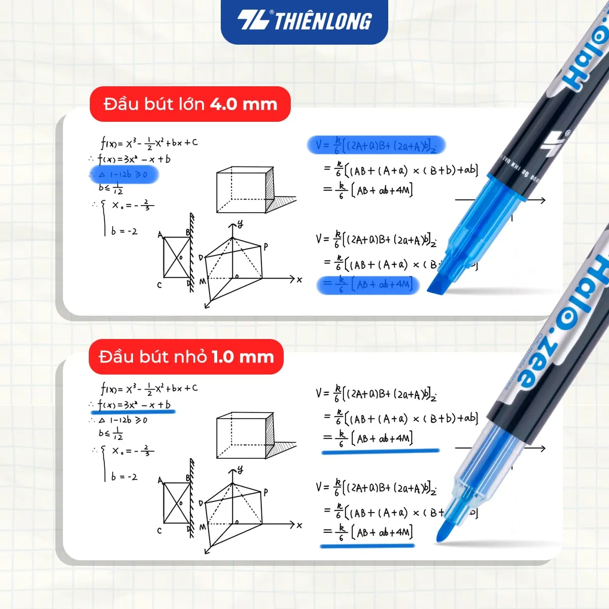 Bút dạ quang Thiên Long sử dụng để nhấn mạnh các công thức toán học với hai kích thước đầu bút 4.0 mm và 1.0 mm