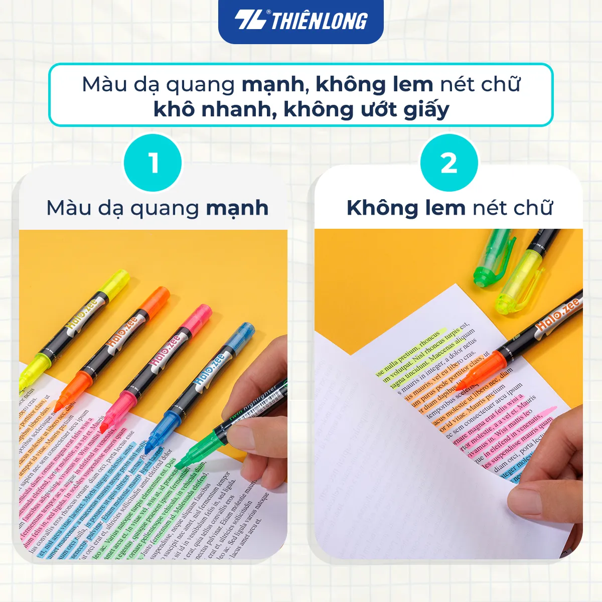 Các loại bút dạ quang Thiên Long màu sắc tươi sáng, mực khô nhanh và không làm lem nét chữ khi sử dụng trên giấy.