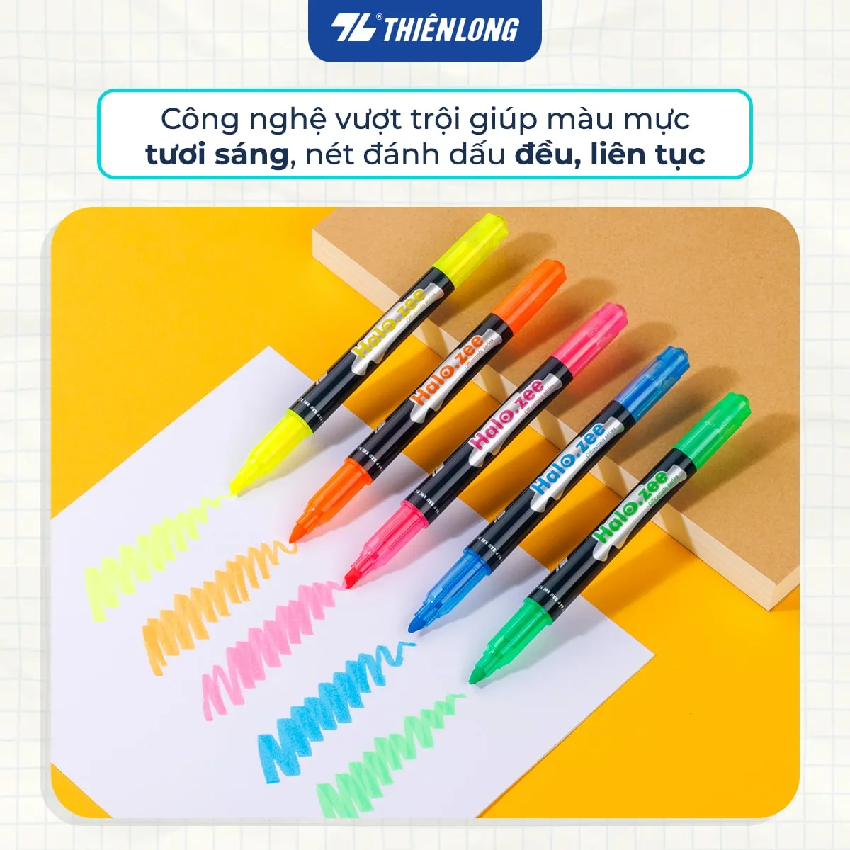 Bộ bút dạ quang Thiên Long Halo.zee 2 đầu với các màu mực tươi sáng đang đánh dấu trên giấy trắng.