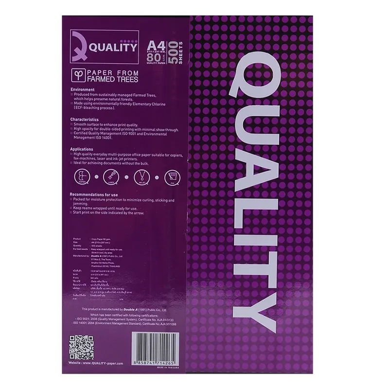 Bao bì giấy A4 Quality thương hiệu Double A màu tím với các thông số kỹ thuật chi tiết