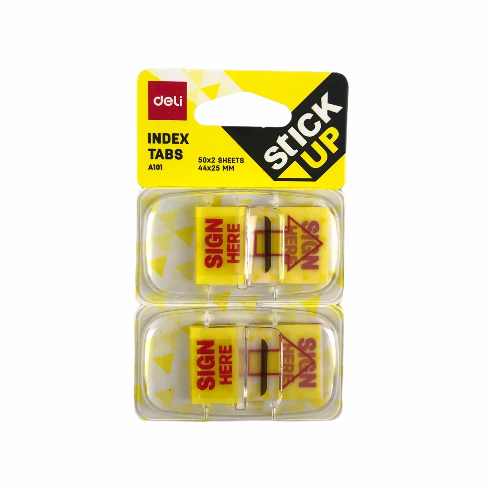Vỉ giấy phân trang Deli 44x25mm in chữ Sign Here màu vàng dùng để đánh dấu vị trí ký tên trong văn bản.
