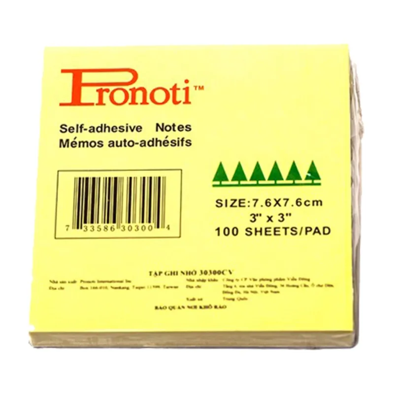 Xấp giấy dính Pronoti màu vàng kích thước 7.6x7.6cm dùng để ghi chú nhanh tiện lợi