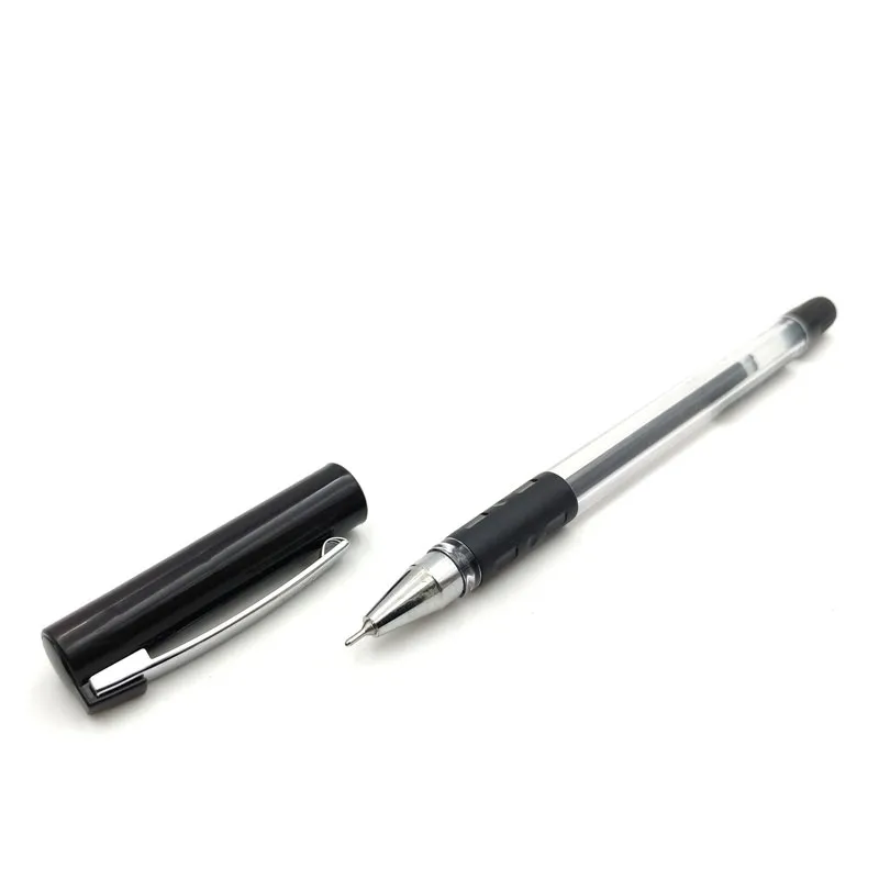 Bút bi nước Linc Executive-3 0.5mm màu xanh với phần thân trong suốt và nắp rời đặt bên cạnh.