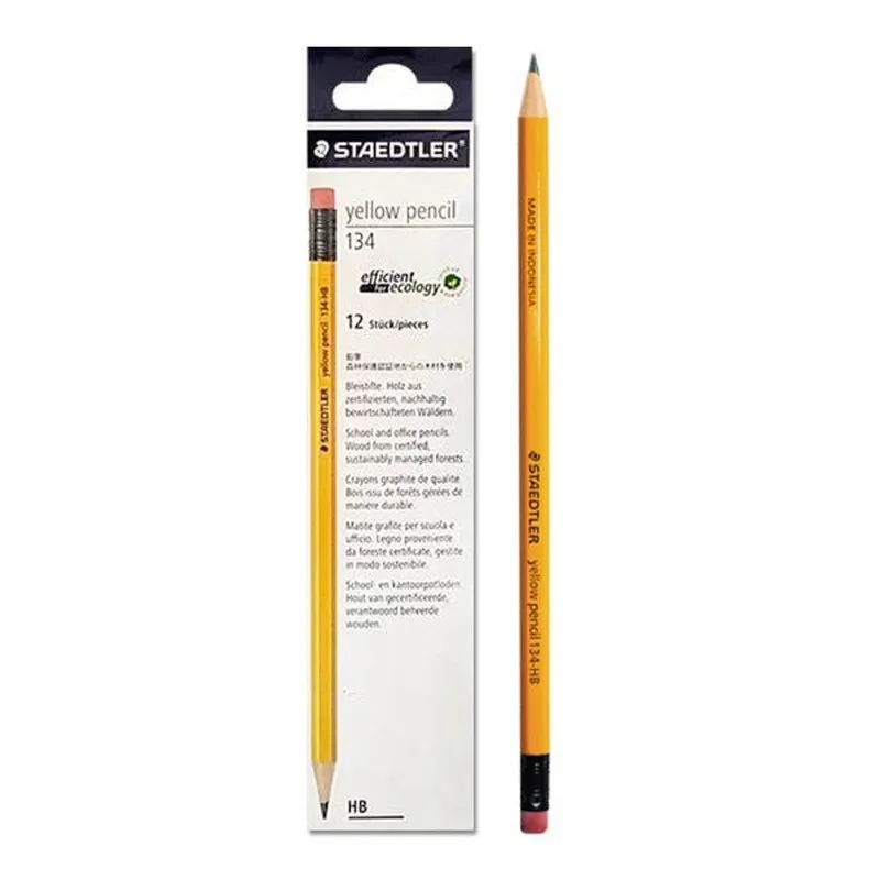 Bút chì staedtler 134 HB thân vàng có tẩy đi kèm hộp giấy đựng 12 cây.