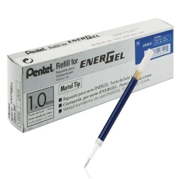 Ruột bút gel pentel EnerGel LR10 màu xanh 1.0mm bên cạnh vỏ hộp sản phẩm.