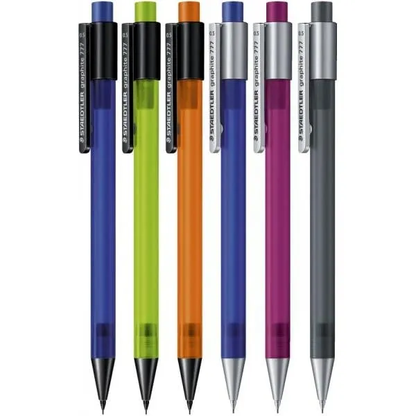 Bộ sưu tập 6 chiếc bút chì kim Staedtler 777 0.5mm với nhiều màu sắc rực rỡ và thân nhựa trong suốt