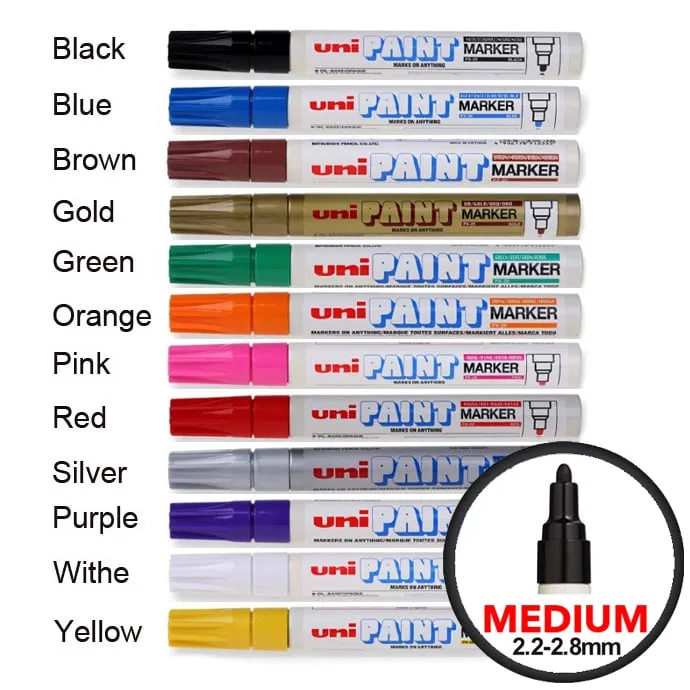 Bảng màu các loại bút sơn uni Paint Marker ngòi trung 2.2-2.8mm với đa dạng màu sắc từ đen đến vàng