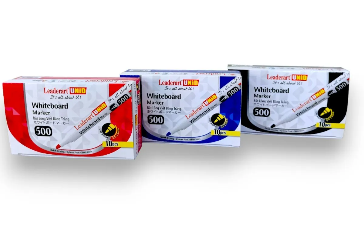 Ba hộp bút dạ bảng leaderart 500 các màu đỏ, xanh, đen với quy cách đóng gói 10 chiếc mỗi hộp.
