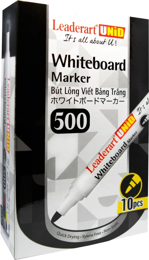 Hộp 10 chiếc bút dạ bảng leaderart 500 với thiết kế hiện đại, mực nhanh khô, an toàn khi sử dụng.