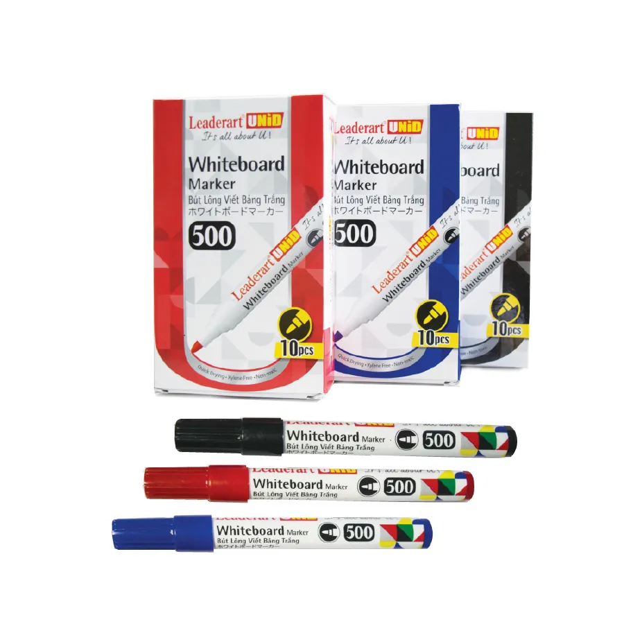 Các hộp và cây bút dạ bảng Leaderart LA-500 nhiều màu sắc gồm đỏ, xanh dương và đen