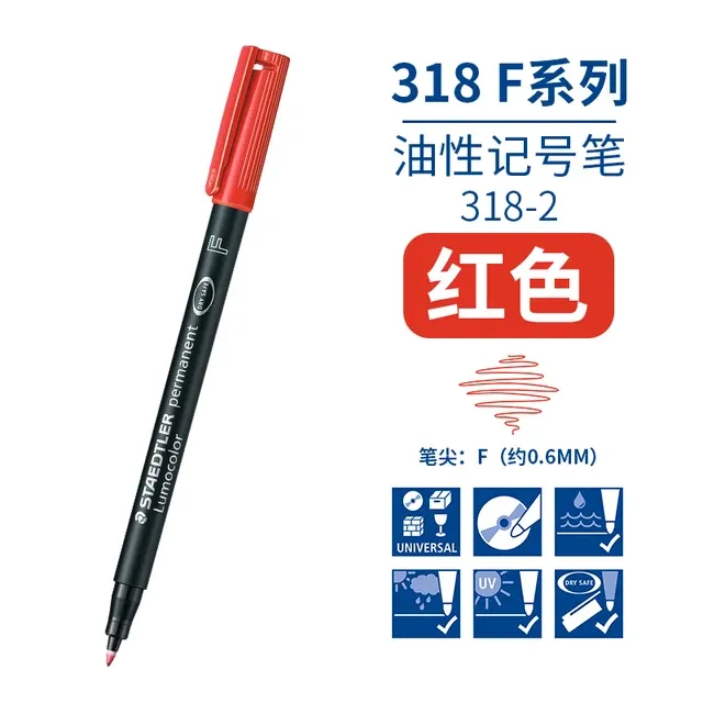 Bút dạ kính Staedtler 318 màu đỏ nét F 0.6mm với các biểu tượng thông số kỹ thuật bên cạnh