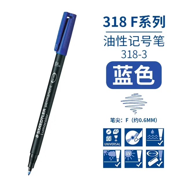 Bút dạ kính Staedtler 318 màu xanh dương với ngòi 0.6mm và các biểu tượng tính năng kỹ thuật trên nền trắng.