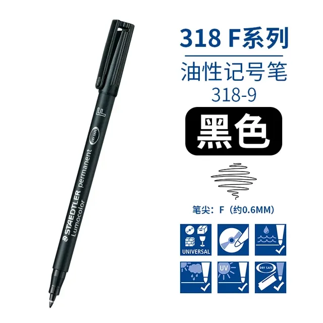 Bút dạ kính Staedtler 318 F màu đen với nét viết 0.6mm, thiết kế tiện lợi và bền màu trên nhiều bề mặt.