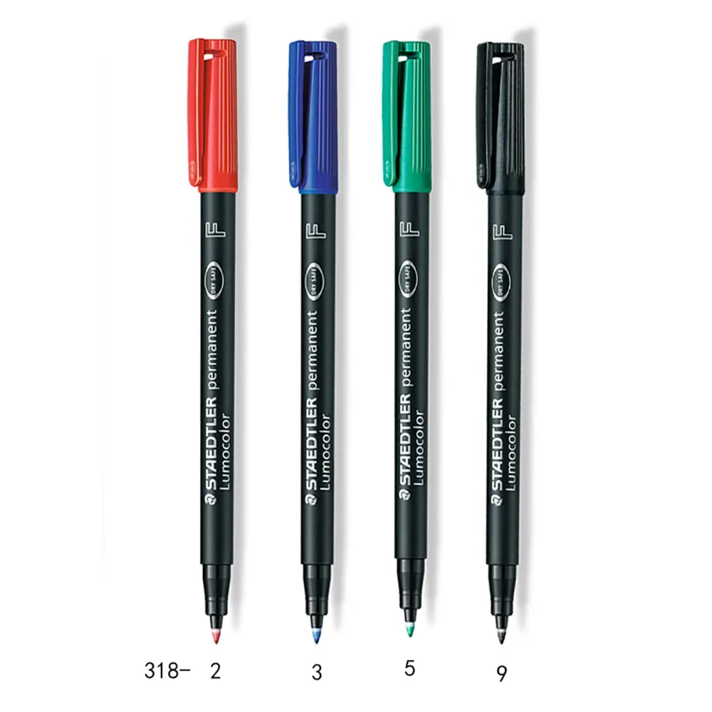 bút dạ kính staedtler 318 gồm 4 cây với các màu đỏ, xanh dương, xanh lá và đen có nét viết 0.6mm