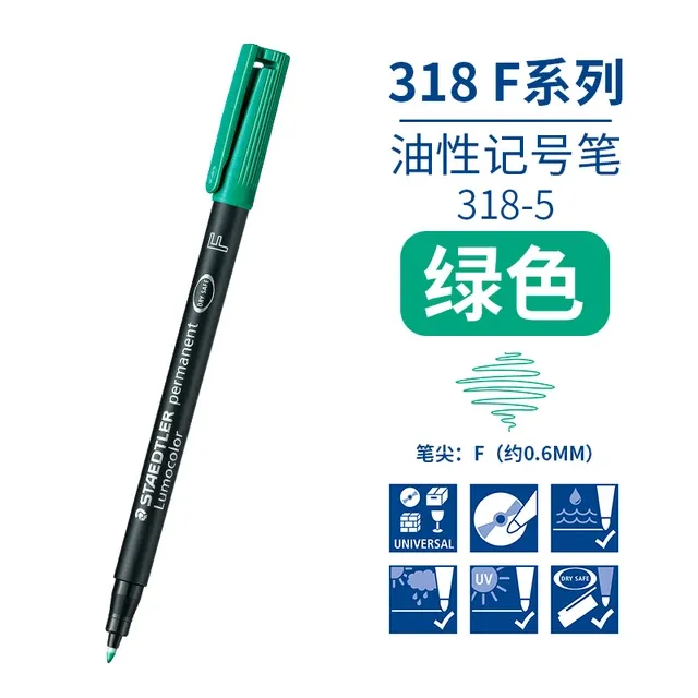 Bút dạ kính Staedtler 318 màu xanh lá ngòi F 0.6mm với thiết kế thân đen và nắp đậy cùng màu mực tiện dụng.
