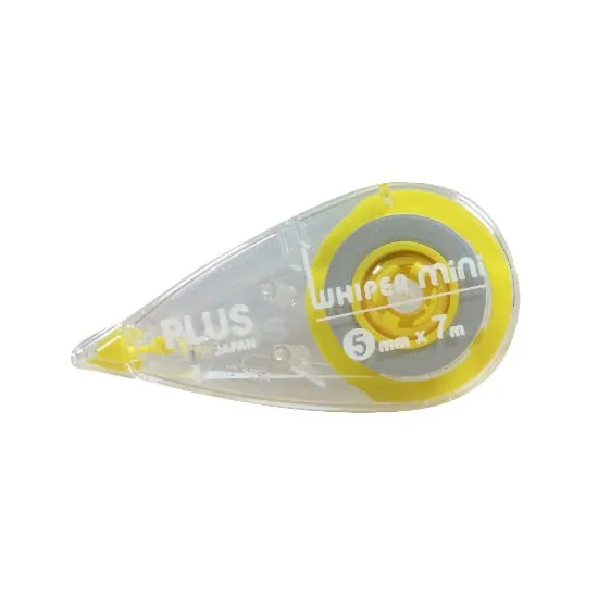 Băng xóa Plus Whiper Mini nhỏ gọn với kích thước 5mm x 7m vỏ trong suốt phối màu vàng